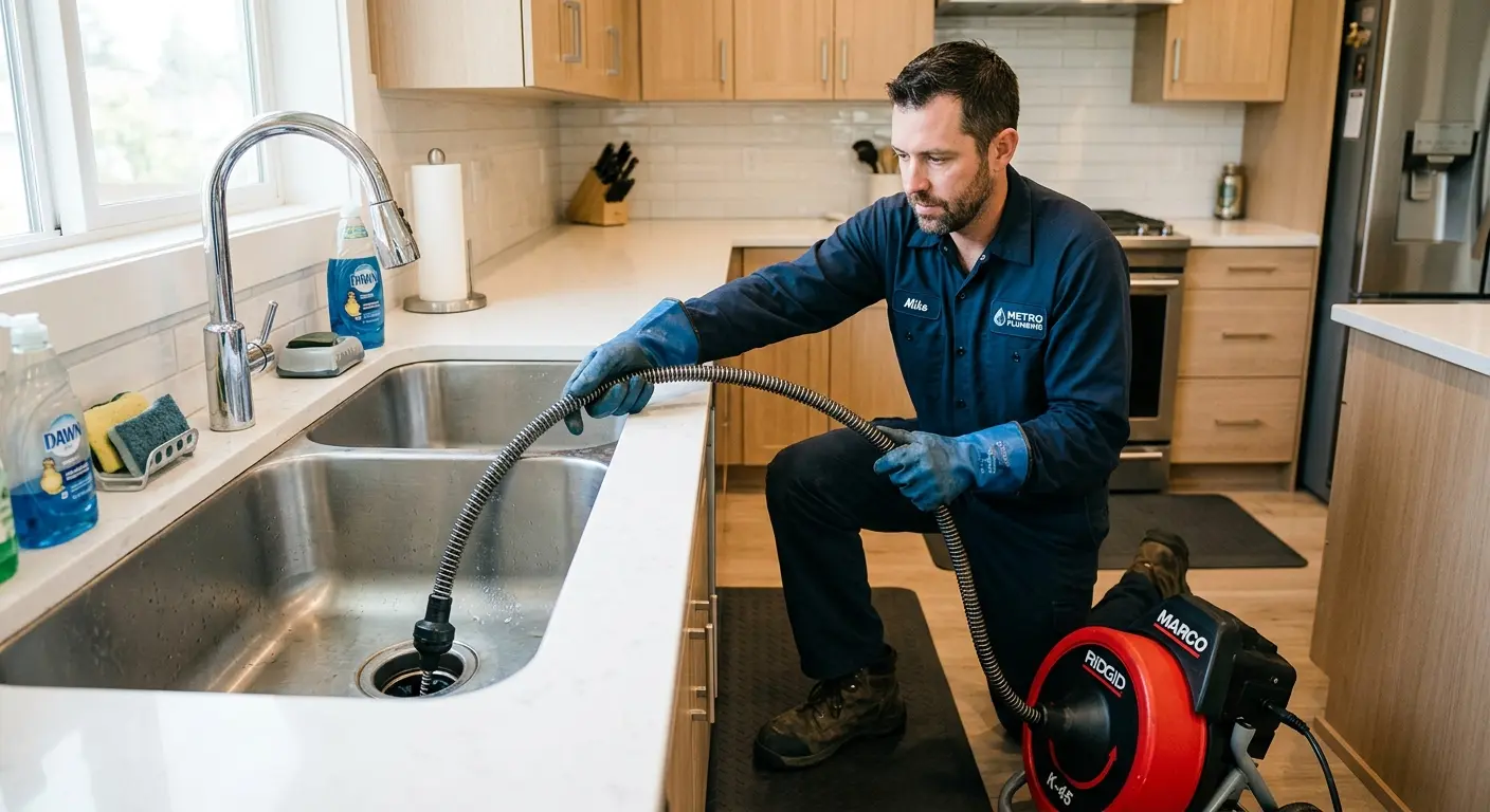 Drain cleaning technician using a motorized snake on a kitchen sink in Decatur