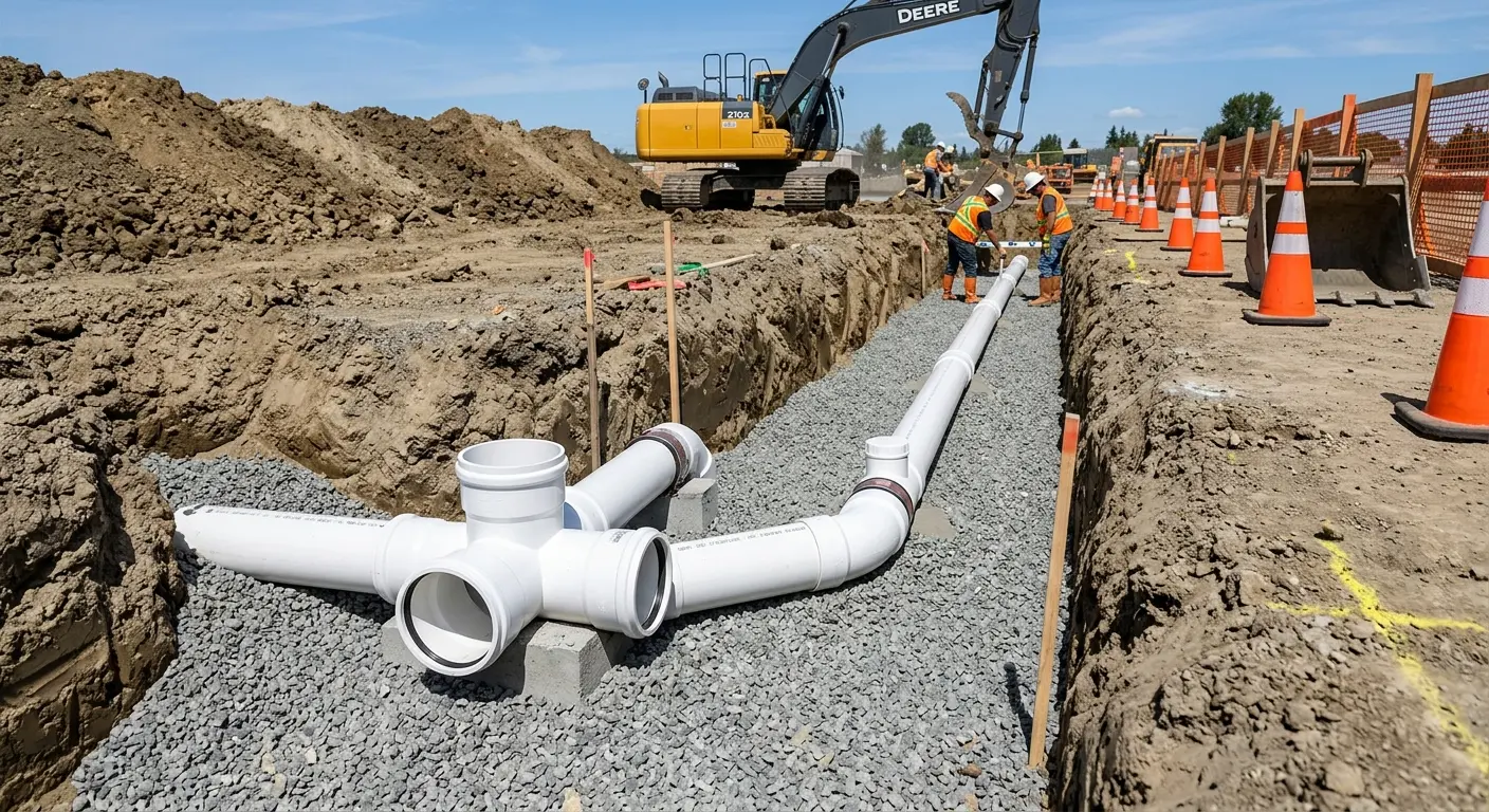 New PVC sewer pipe installation in open trench for Commercial Drain Cleaning in Decatur