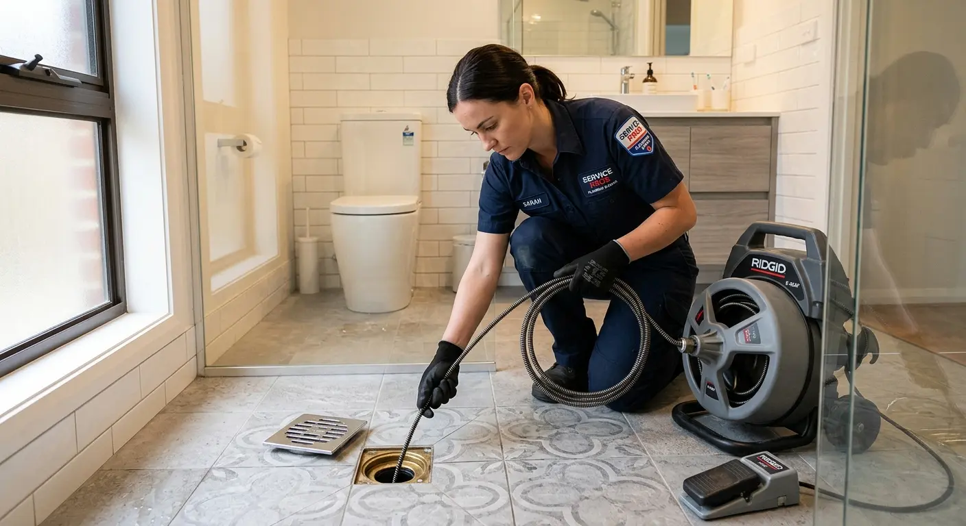 Technician clearing a bathroom floor drain for Hydro Jetting in Decatur